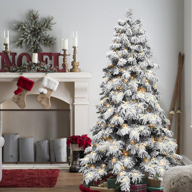 8FT Prelit Flocked Christmas Tree, Premium Artificial Christmas Tree with 470 Warm White Lights and 1242 Branch Tips, Realistic Full Pre Lit Xmas Tree with Metal Hinged & Base for Holiday Decoration