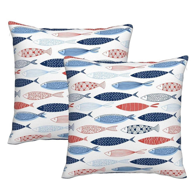 bassyil Fish Throw Pillow Covers Decorative Linen Pillow Cases Set of 2 Square Cushion Cover for Couch Sofa Bedroom Patio 18x18 Inch