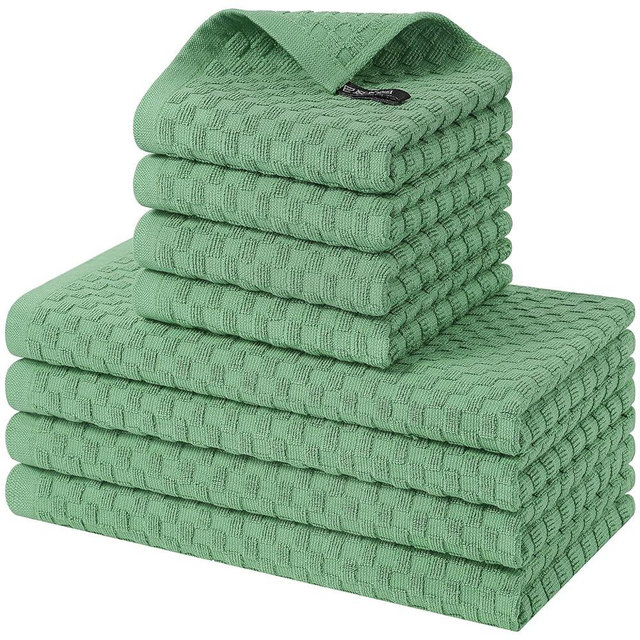 Homaxy 100% Cotton Kitchen Towels and Dishcloths Set, 12 x 12 & 15 x 25 Inches, Set of 8 Bulk Terry Cloth Dish Towels, Super Soft and Absorbent Hand Towel with Hanging Loop, Grass Green
