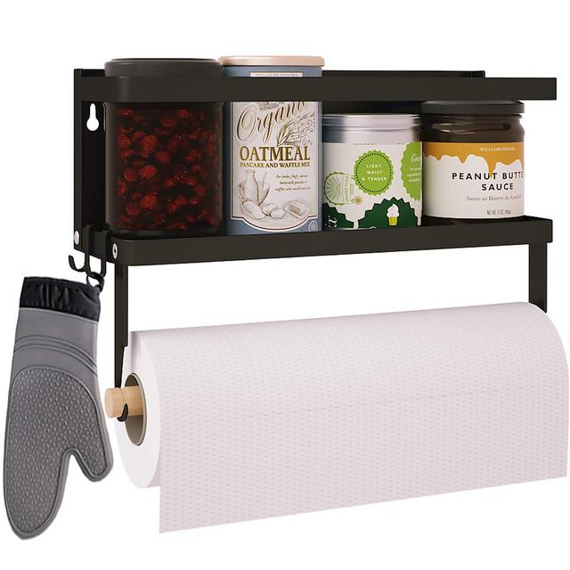 Magnetic Paper Towel Holder for Refrigerator,2-in-1 Foldable Magnetic Shelf Wall Mount Towel Rack with Hooks,Magnetic Spice Rack,Refrigerator Organizer for Kitchen (Black)