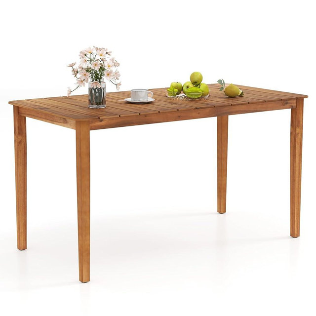 Tangkula Rectangular Outdoor Dining Table, 4-6 People Large Acacia Wood Patio Table with Slatted Tabletop, Indoor Outdoor Farmhouse Bistro Table for Yard, Garden, Poolside, Deck