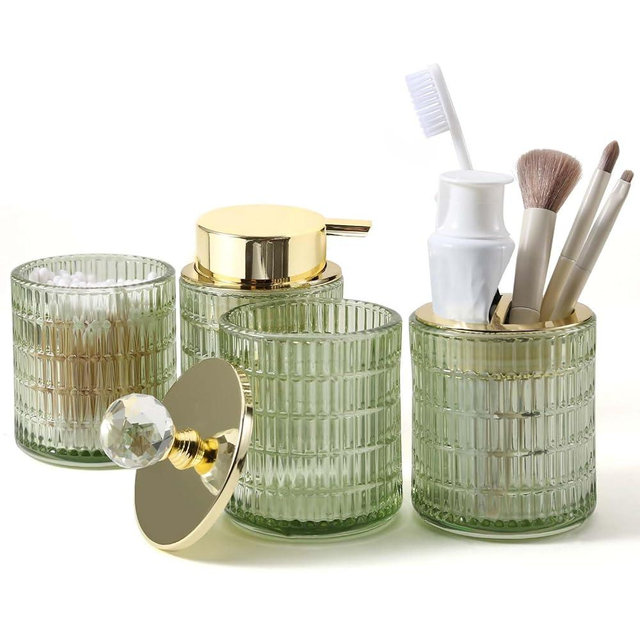DASITON Bathroom Accessories Set,4Pcs Glass Bathroom Counter Set with Foaming Soap Dispenser,Toothbrush Holder,Bathroom Tumbler,Cotton Swab Jars, for Vanity Bathroom Decor(Green B)