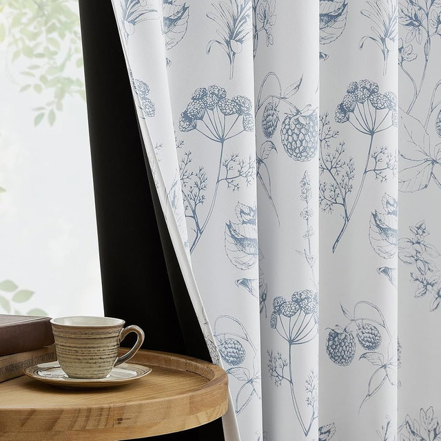 FMFUNCTEX 100% Blackout Floral Curtains 84 Inches Long for Bedroom, Blue and White Floral Drapes for Living Room, Farmhouse Rod Pocket Back Tab Room Darkening Thermal Insulated Window Drapes 2 Panels
