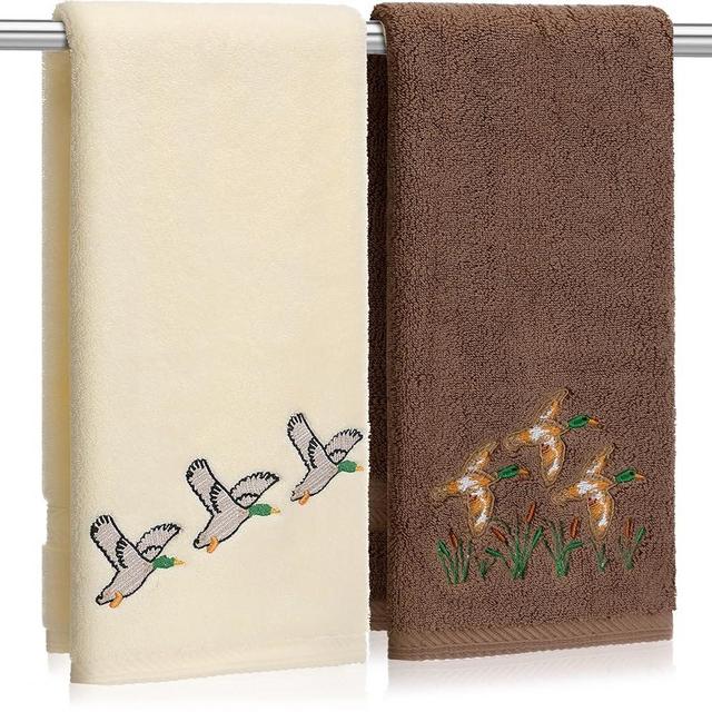 Mindsoft 2 Pack Mallard Duck Hand Towels 14 x 29 Inch Cotton Embroidered Mallard Duck Bathroom Towels Absorbent Soft Gifts for Bath, Kitchen, Spa, Gym, Home and Hotel Decor