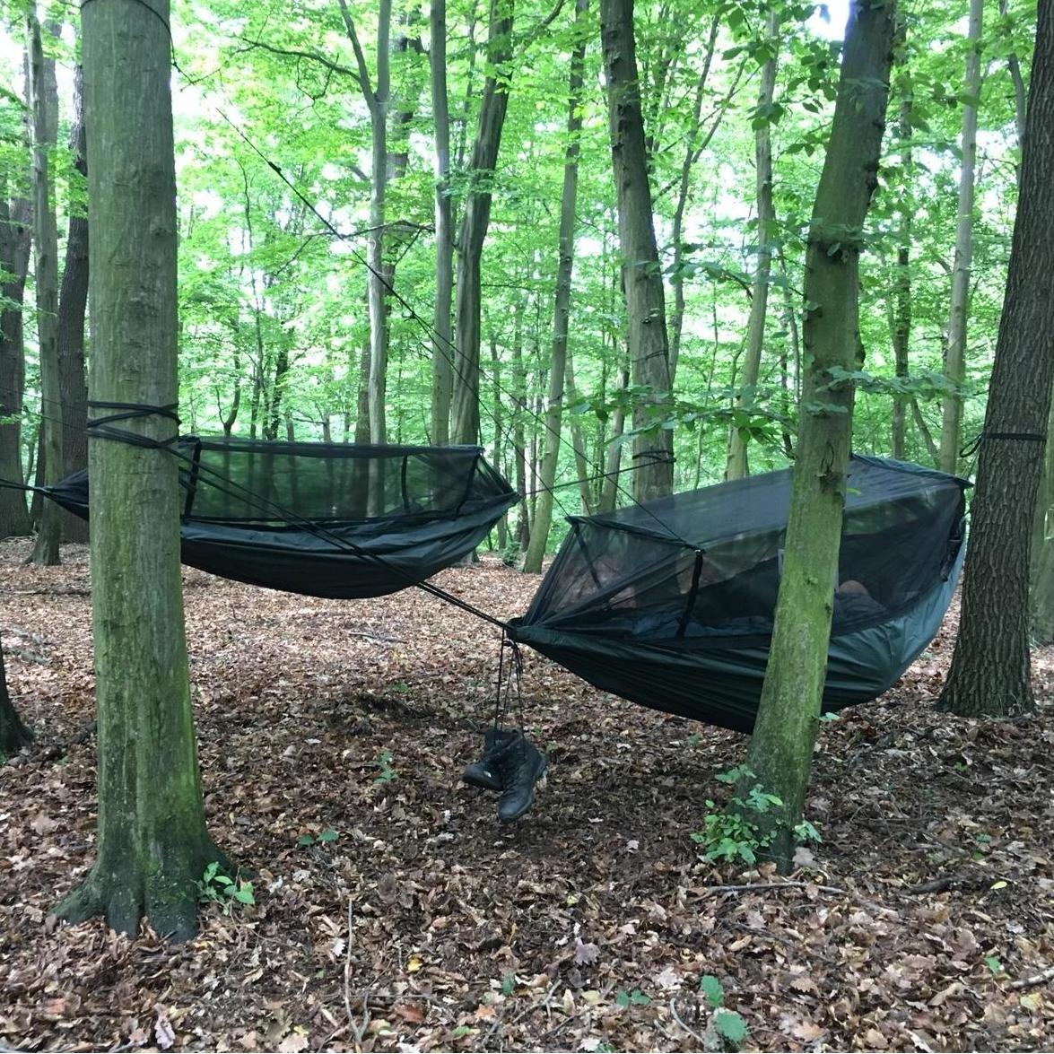 Enjoying our hammocks on one of our many camping adventures.