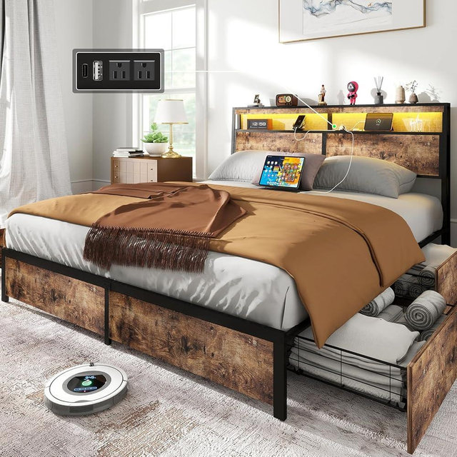 SADENICEL King Bed Frame with Storage Headboard and 4 Drawers, Metal Platform Bed Frame with LED Light, Charging Station, No Box Spring Needed, Noise Free, Easy Assembly, Vintage Brown