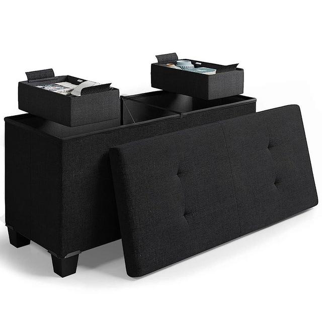 Storage Ottoman Bench with Storage Bins, 30-In Storage Bench for Bedroom End of Bed, Folding Foot Rest Ottoman with Storage for Living Room, Storage Chest Max 660lbs, Linen Fabric Black Ottoman