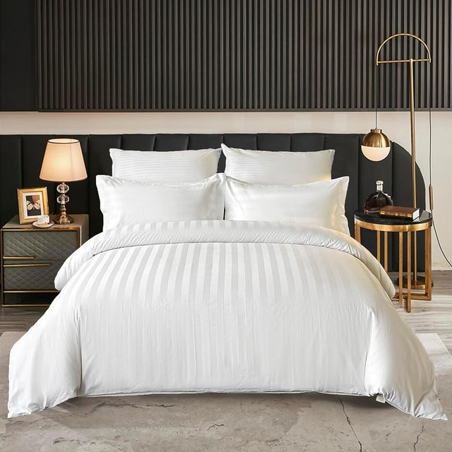 Amolavet Hotel Collection Duvet Cover King Size 100% Cotton White Striped Satin Textured Comforter Cover with Zipper 3 Pcs Bedding Set (1 Duvet Cover + 2 Pillow Shams)