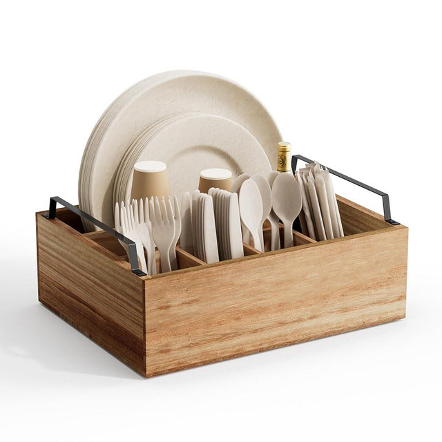 Yaoyiizy Paper Plate Holder Utensil Caddy Organizer, Wooden Utensil Holder Organizer for Party, Paper Plate Organizer or Cups, Forks, Spoons, Napkins and Silverware Holders