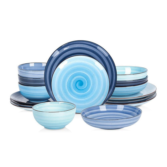 Selamica Ceramic 16-Pieces Dinnerware Set, Ceramic Dishes Set for 4, Kitchen Plates and Bowls Sets, Dinner Plates Set, Black Dots Design, Gradient Blue
