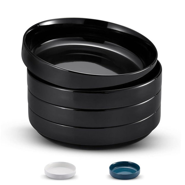 KooK Pasta Bowl, Bowl Plate, Low Bowl, Plate Bowls, Ceramic Large Shallow Bowls, Microwave and Dishwasher Safe, Great for Soups and Salads, Glossy Porcelain, 47 oz, Set of 4, Black