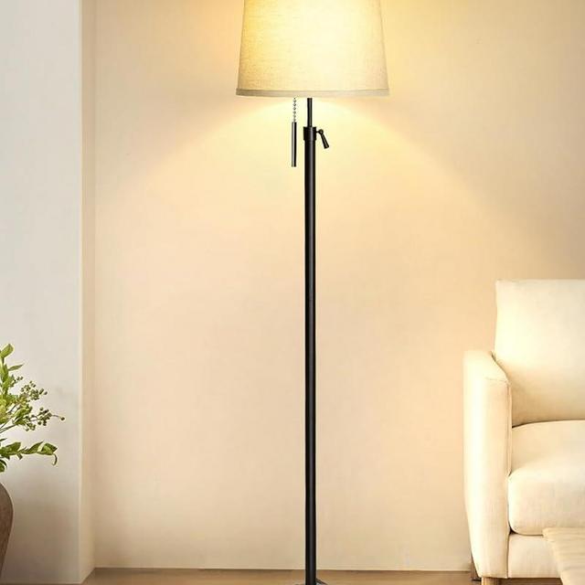 JUNNAI Floor Lamps for Living Room, Black Floor Lamp Adjustable Height Standing Lamp, Dimmable Modern Tall Floor Lamp for Bedroom Office with Beige Linen Shade, 8W 3000K Bulb Included
