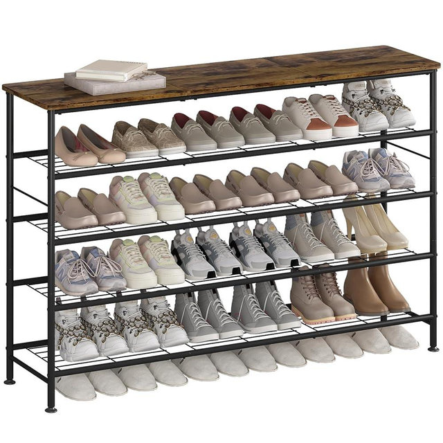 SUOERNUO Shoe Rack 5 Tier Shoe Storage Organizer Metal Mesh Shelves with MDF Top Board for Entryway, Hallway, Closet,Bedroom，Living Room (Black+Rustic Brown, Large 5 Tier)