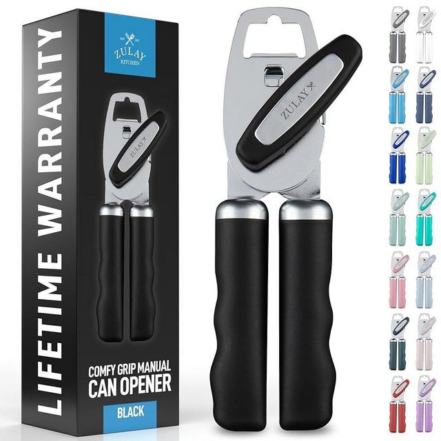 Zulay Kitchen Heavy Duty Stainless Steel Can Opener Manual with Bottle Opener - Rust Proof Manual Can Opener Smooth Edge and Easy Turn Knob, Soft Grip Handles For Seniors - Black