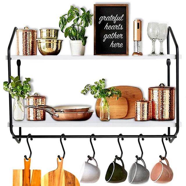 BOLUO Kitchen Wall Shelf White Floating Shelves Bathroom Mounted Shelfs with Towel Bar Hooks for Coffee Mugs 24 Inch