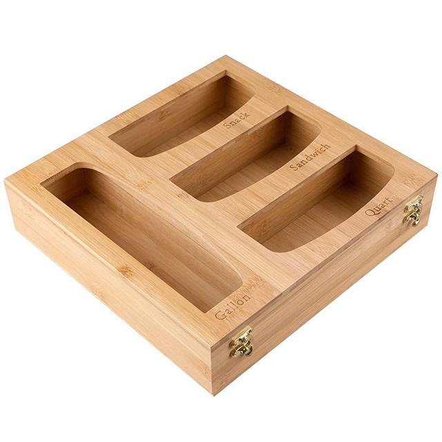 Zip Lock Bag Container Organizer, Bamboo Baggie Organizer Dispenser for Kitchen Drawer or Wall Mount, Compatible With Gallon, Quart, Sandwich and Snack Variety Size Bags