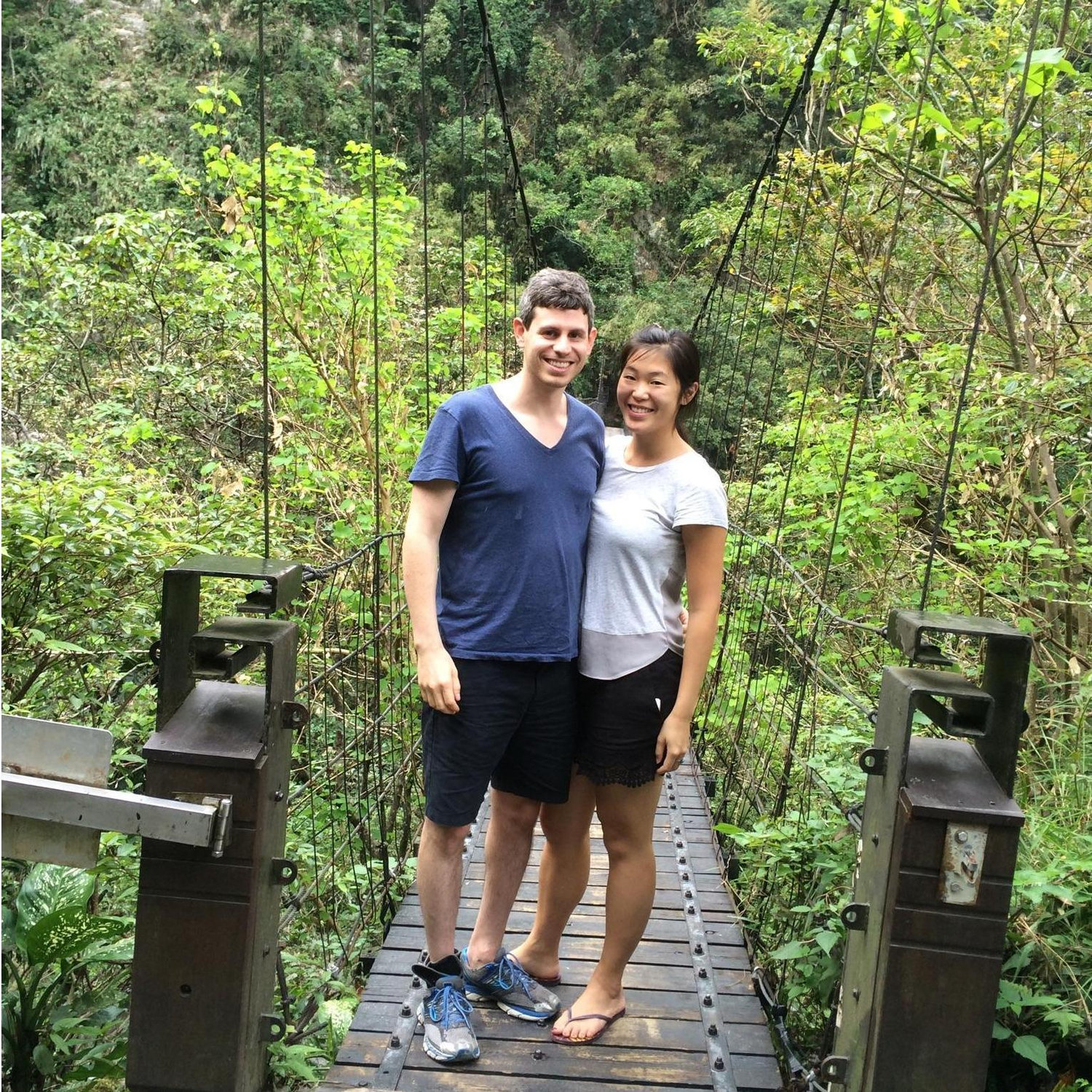 Sam was terrified of the heights! Our cab driver had to walk behind him to make him cross! Hualian, Taiwan Oct, 2015