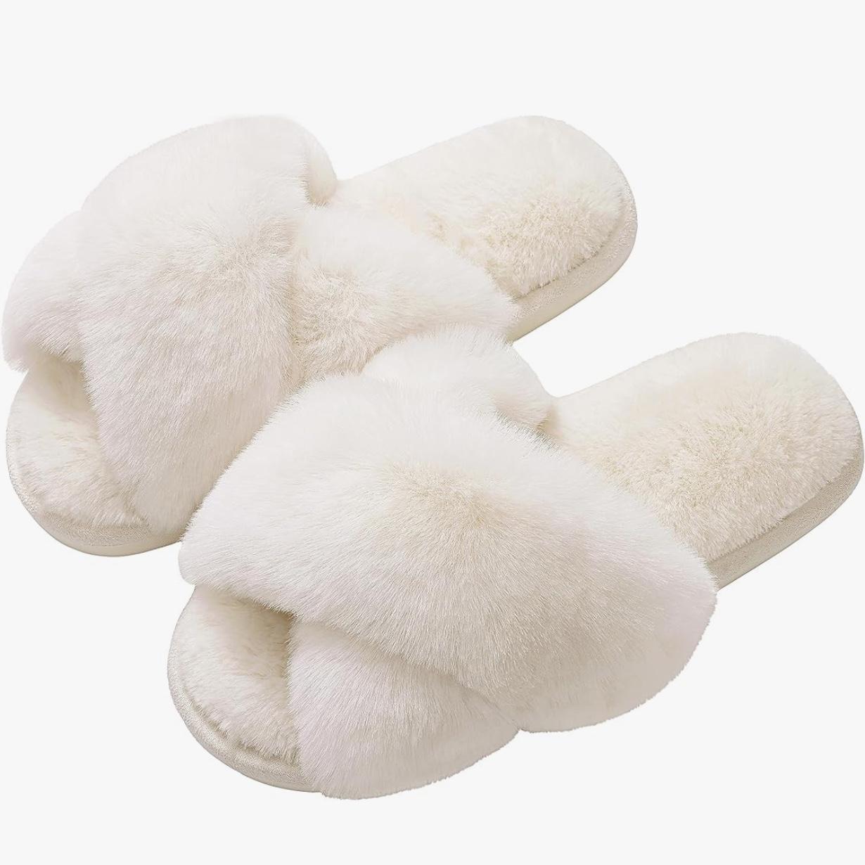 Women's Fuzzy Slippers Cross Band Memory Foam House Slippers Open Toe