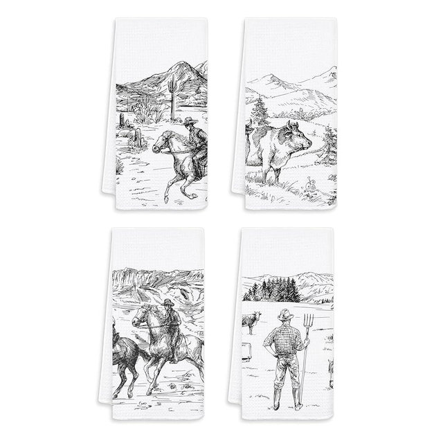 FOPENEM Western Cowboy Kitchen Towels Set of 4, Vintage Cowboy Riding Horse Rodeo Decorative Hand Towels for Bathroom Decor, Rustic Country Western Dish Tea Towels for Kitchen Decor, 16x24 Inches