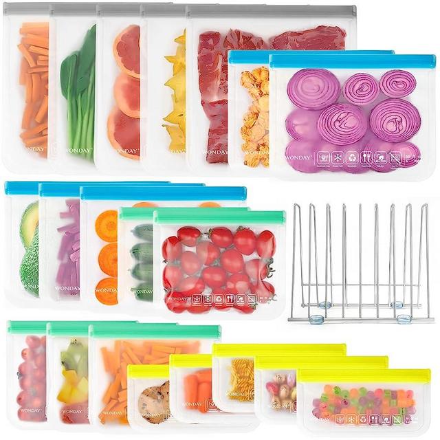 20 Pack Reusable Food Storage Bags and 1 Silicone Bag Drying Rack, Reusable Freezer Bags Assorted Sizes (20Bags1Rack)