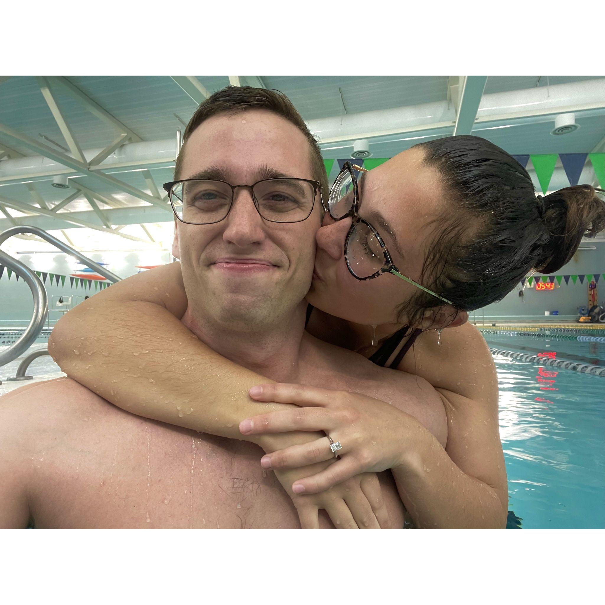 They get engaged in April 2022 at the OSU pool, the place where their love story started