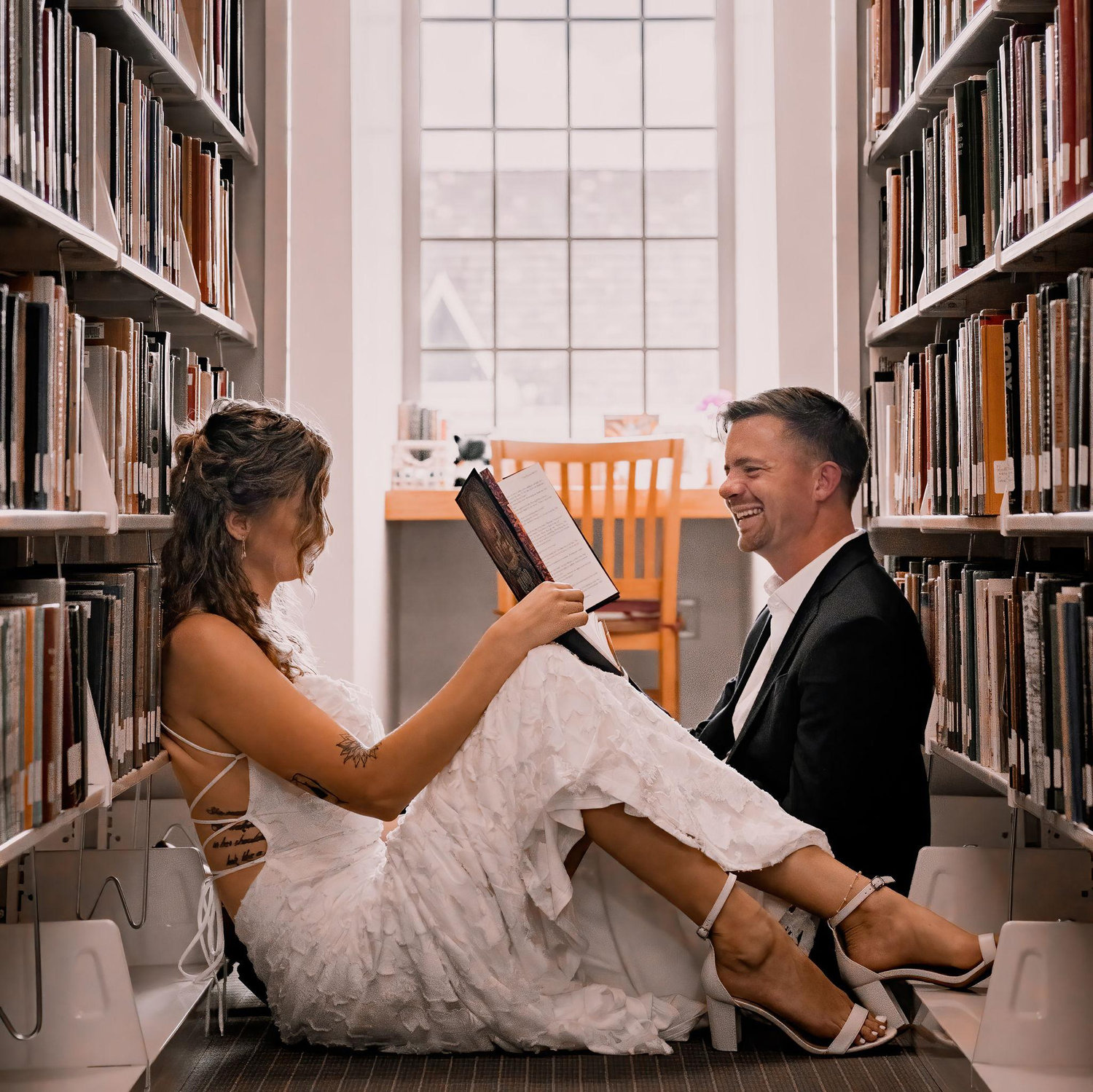 From our engagement shoot through the bookcases at the Agnes Scott college library.