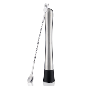 Muddler and Mixing Spoon for Cocktails, 10 Inches Bar Mixing Spoon, 8 Inches Muddler - Premium 2 Piece Silver Bar Tool Set for Drinks