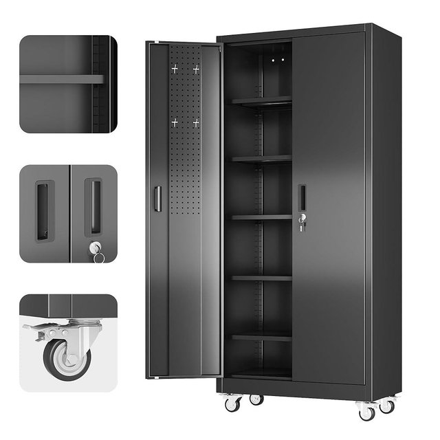 Aobabo Upgrade 71H''*32''W*16''D Metal Garage Storage Cabinet with Wheels and Pegboards, 5 Adjustable Shelves Steel Storage Cabinets for Home,Warehouse,Garage,Assembly Required,Black