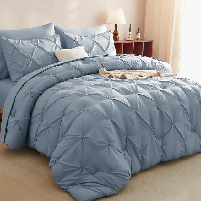 CozyLux Light Blue King Size Comforter Set 7 Pieces Bed in a Bag Grayish Blue, Pintuck Comforters Pinch Pleat Bedding Sets with All Season Comforter, Flat Sheet, Fitted Sheet and Pillowcases & Shams