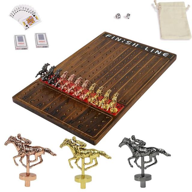 Jyquorp Horse Race Board Game Racing Game Thickened Solid Wood with 11 Luxurious Durable Classic Metal Horses with 4 Dice and 2 Boxes of Cards Horse Racing Game (Rustic Brown, Rectangle)