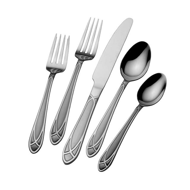 Pfaltzgraff 5085079 Mirage Frost 45-Piece Stainless Steel Flatware Set with Serving Utensil Set and Metal Storage Caddy, Service for 8