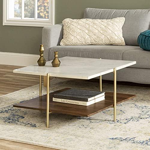 Walker Edison Furniture Company Modern Metal Base Square Coffee Table Living Room Accent Ottoman Storage Shelf, 32 Inch, Marble, Gold