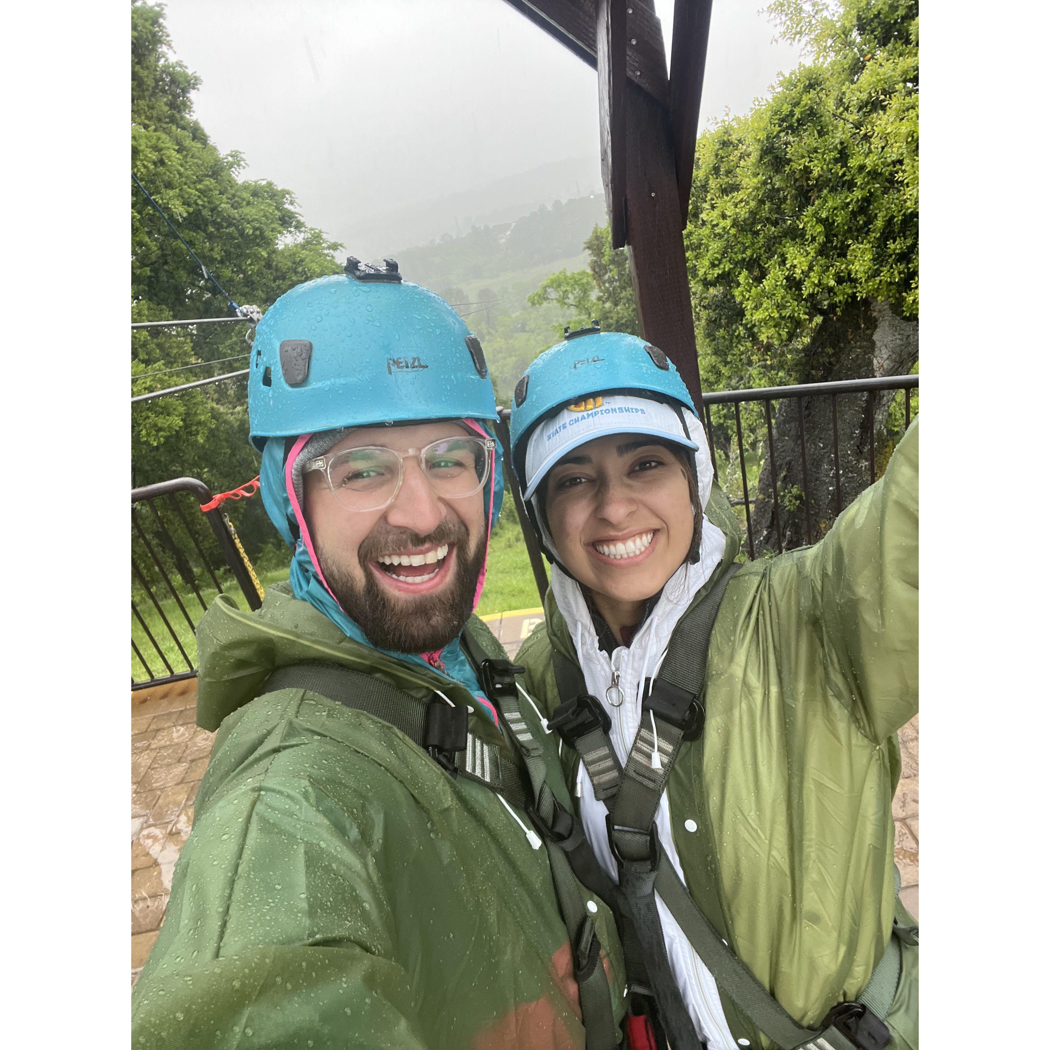 Joyful birthday month celebrations - zip-lining in the rain!