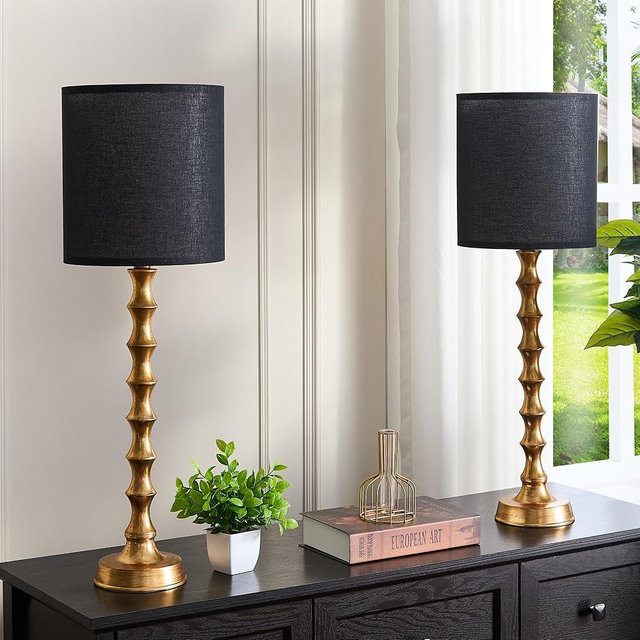 EUO 30.5" Gold Buffet Lamps Set of 2 with Black Shade, Buffet Table Lamps Set of 2 for Living Room, Black Golden Lamp for Dining Room, Golden Bamboo Lamps for Credenza