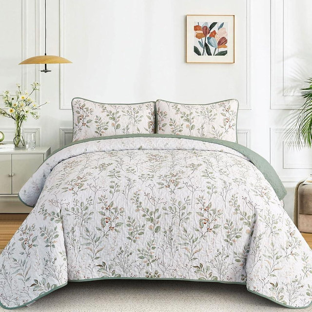 Anibedding Queen Size Quilt Sets Green Floral Pattern Quilt Bedding Set, 3 Pieces Botanical Quilt Soft Microfiber Bed Coverlet for All Season(96" x 90")