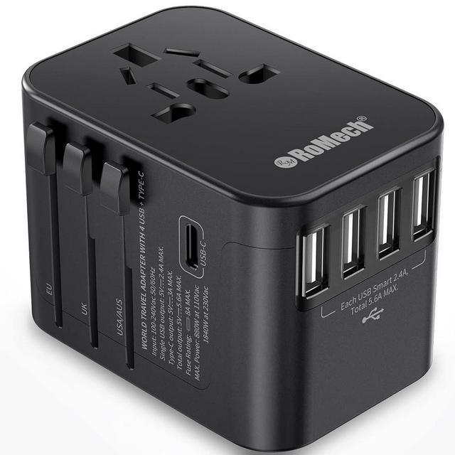 ROMECH Universal Travel Adapter, 5.6A Smart Power International Plug Adaptor AC Wall Charger for Global Travelling USA Europe EU UK AUS (Type C + Four Type A, Black)