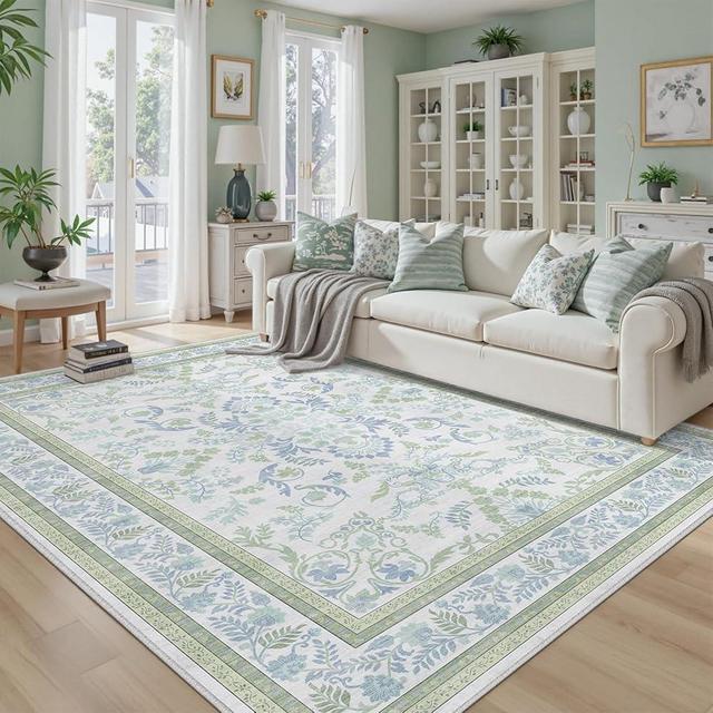 DCX Green Floral 8x10 Area Rugs for Living Room, Machine Washable Large Soft Boho Non-Slip Botanical Rug for Bedroom Dinning Room Kitchen Flowers Playroom Nursery Carpets