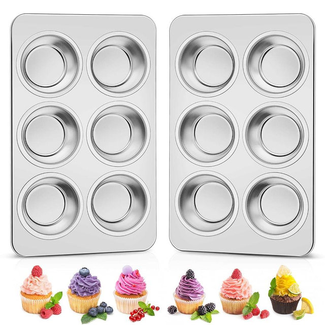 Homikit 2 Pack Muffin Pan, Stainless Steel Cupcake Baking Tin with 6 Cups Regular Size, 11.4 x 7 Inches Metal Egg Bites Tray for Toaster Oven, Rust Free & Non Toxic, Easy Release & Dishwasher Safe