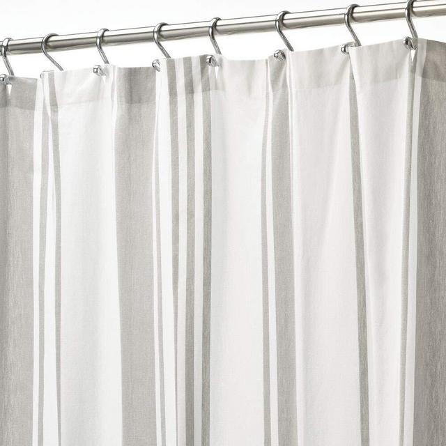 mDesign Large Fabric Shower Curtain with Reinforced Buttonholes for Bathroom Showers and Bathtubs - 72" x 72" - Gray/White Striped