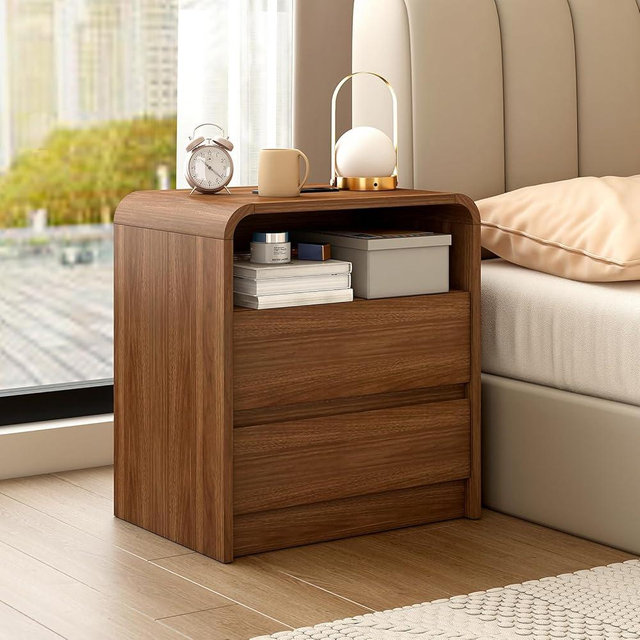Walnut Nightstand with Charging Station, 21 Inch Wide Night Stand with Deep Drawers, Modern Bedroom Bedside End Table with Rounded Corners Anti-Collision Design for Dorm, Sofa, Office, Living Room