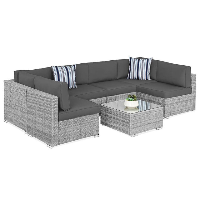 Best Choice Products 7-Piece Modular Outdoor Sectional Wicker Patio Conversation Set w/ 2 Pillows, Coffee Table, Cover Included - Gray/Gray