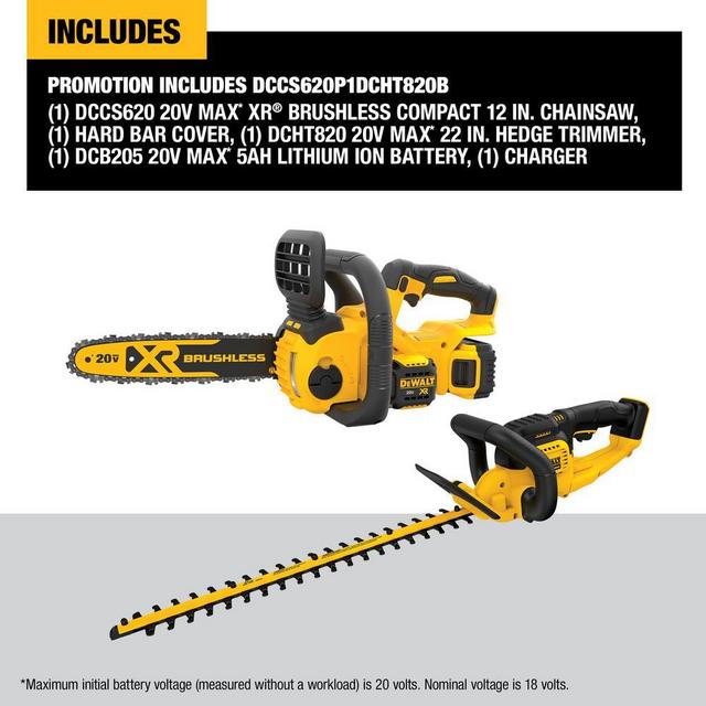 12 in. 20V MAX XR Cordless Brushless Chainsaw with 22 in. 20V Cordless Hedge Trimmer