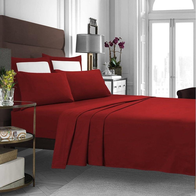 4 Piece Extra Deep Pocket 100% Cotton Flannel Sheets Set King Size Oversize Flat & Elasticized Fitted Sheet | All Seasons Holiday Theme Christmas Bedding Red Maroon Color Soft Plush Cozy
