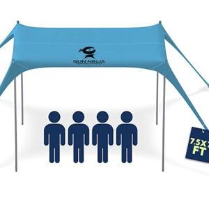 SUN NINJA Beach Tent Sun Shelter UPF50+ - Easy Pop Up Beach Canopy - Outdoor Shade for Camping Trips, Fishing, Backyard Fun Picnics - Sand Shovel, Ground Pegs & Stability Poles