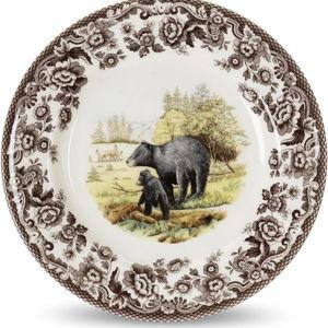 Spode Woodland American Wildlife Black Bear Dinner Plate - Rustic Animal Design, 10.5" Ceramic, British Flowers Border, Dishwasher, Microwave, Freezer, Oven Safe - Made in England