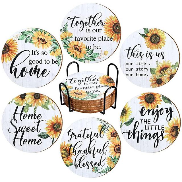 6 Pieces Vintage Sunflower Drink Coasters with Holder Sunflower Wood Drink Coasters Absorbent Coaster Housewarming Hostess Gifts for New Home Funny Drinks Coasters for Home Living Room Decor (White)