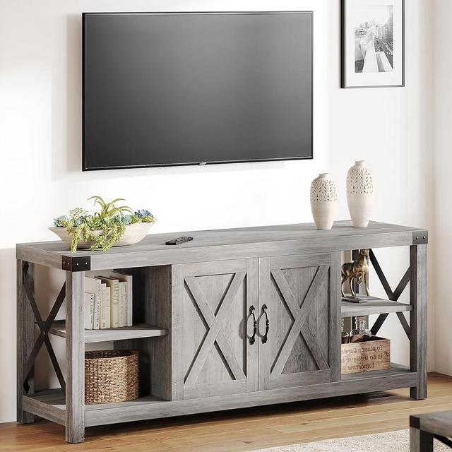 IDEALHOUSE Farmhouse TV Stand for 65/60/55 Inchs, Mid Century Modern Entertainment Center with Storage Cabinets and Open Shelves, Wood TV Table Media Console for Living Room, Bedroom, Grey