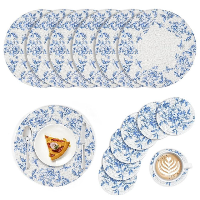 Blue and White Placemats Coasters Set of 6 Floral Round Woven Placemat Bulk Chinoiserie Braided Placemats Washable Cotton Rope Place Mats Heat Resistant Table Mats for Home Wedding Party Decor