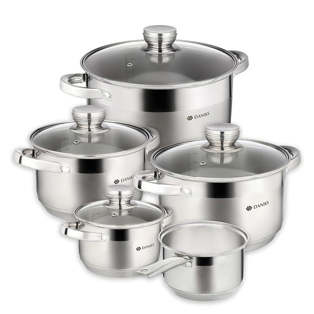 Daniks Standard 9-Piece Stainless Steel Cookware Set with Glass Lids, Includes Saucepan, Tri-Ply Bases for Even Heating, Induction Compatible, Dishwasher Safe, Built-In Measuring Scale, Silver