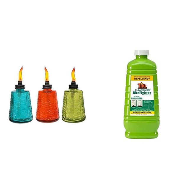 TIKI 6-Inch Molded Glass Table Torch, Red, Green & Blue (Set of 3) & Brand Clean Burn BiteFighter Mosquito Repellent Torch Fuel, 64 Ounces